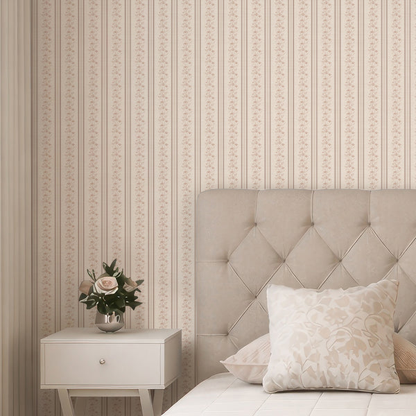 Beige Taupe Floral Stripe Wallpaper L128