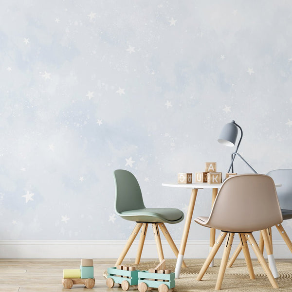 Pastel Blue Moon & Stars Wall Mural SM074 - CostaCover - Peel and stick Removable Wallpaper - Abstract - abstract wall art - abstract wallpaper