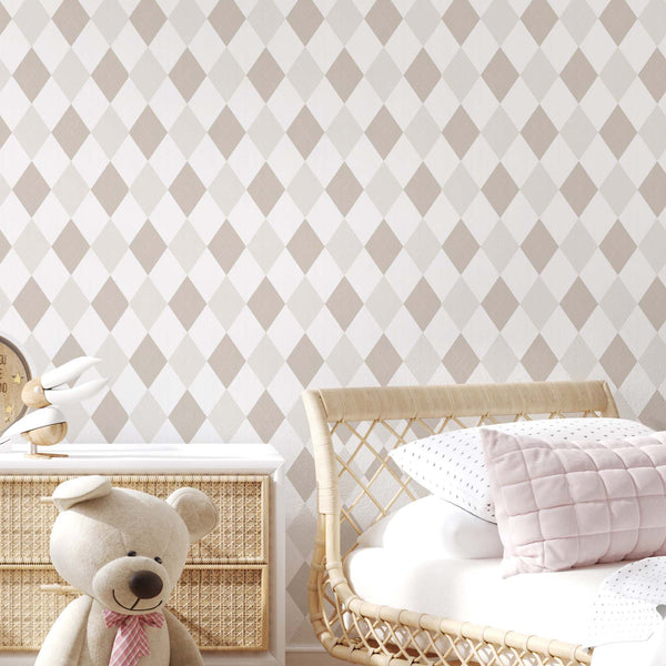 Beige geometric wallpaper featuring a precise rhombus lattice. Subtle two-tone design suitable for modern home offices or hallways. Self-adhesive and easy to reposition, ideal for renters and decorators.