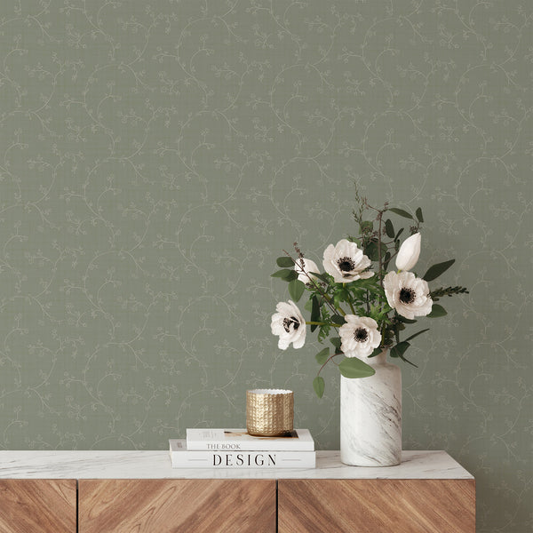Sage Green Floral Vine Wallpaper L115