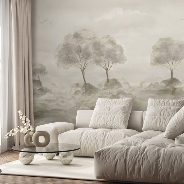 Neutral beige watercolor landscape wallpaper featuring misty trees, soft meadow grasses and layered foliage for a minimalist living room or bedroom.