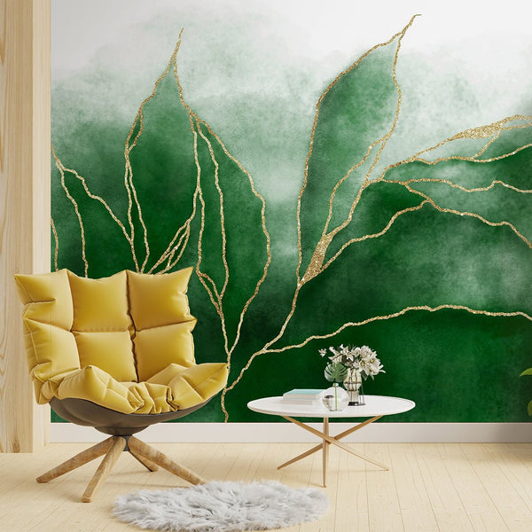 Green Gold Leaves Wall Mural CCM014 - CostaCover - Peel and stick Removable Wallpaper - Abstract - abstract lines - abstract wall art
