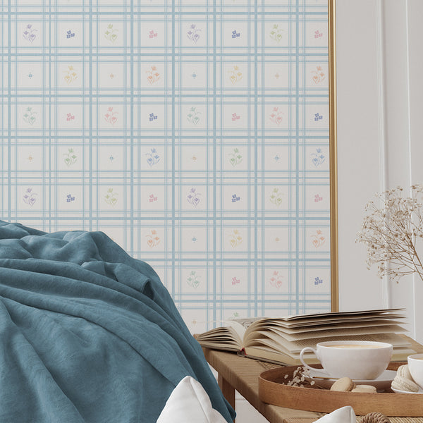 Blue Plaid Floral Wallpaper L148