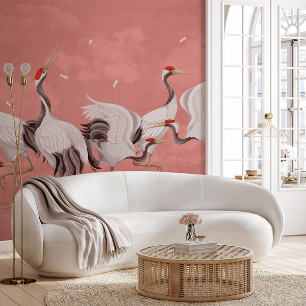 Pink Japanese Cranes Wall Mural WM108 - CostaCover - Peel and stick Removable Wallpaper - accent wallpaper - adhesive wallpaper - bathroom wallpaper
