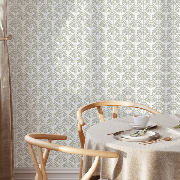Sage Green Coastal Leaves Wallpaper L061
