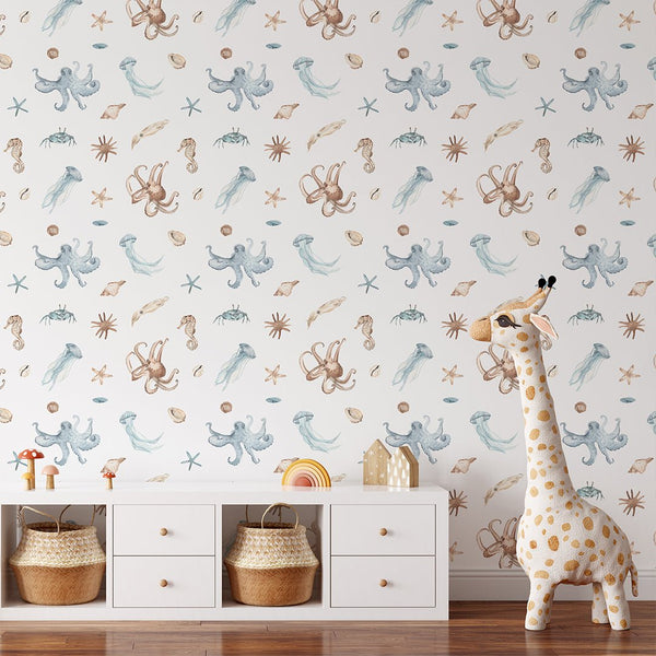 Blue Beige Undersea World Wallpaper CC353 - CostaCover - Peel and stick Removable Wallpaper - Abstract - abstract wallpaper - accent wallpaper