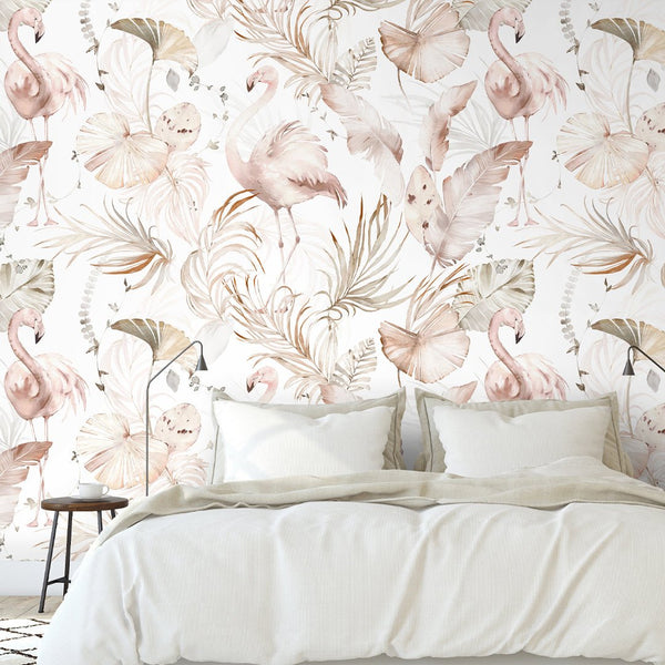 Palm Leaves & Flamingos Wallpaper W006 - CostaCover - Peel and stick Removable Wallpaper - adhesive wallpaper - baby bedroom - bedroom interior