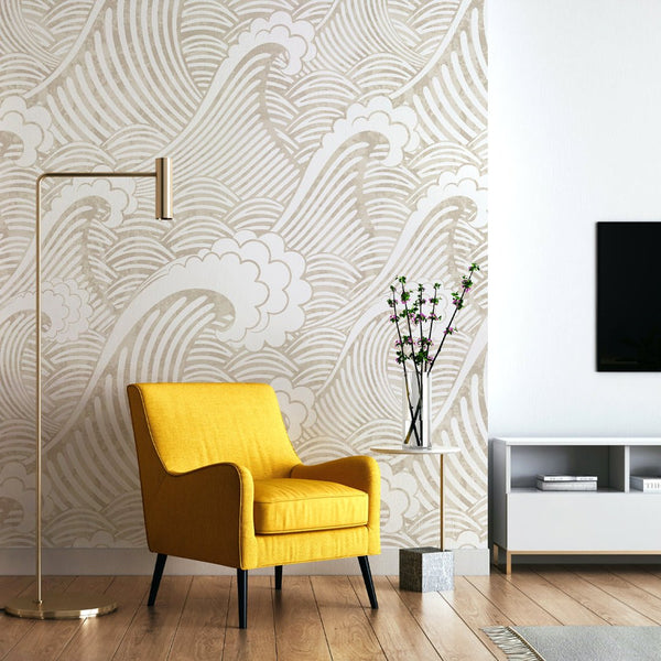 Japanese Beige Waves Wall Mural WM016 - CostaCover - Peel and stick Removable Wallpaper - adhesive wallpaper - bathroom wallpaper - bedroom wallpaper