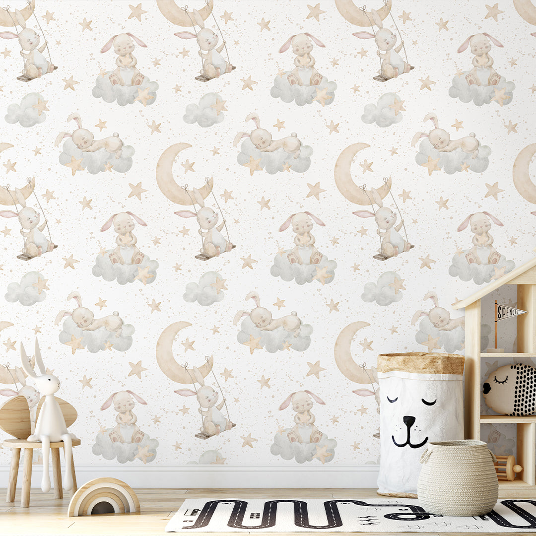 Beige Bunnies on Clouds Wallpaper S107