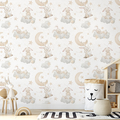 Beige Bunnies on Clouds Wallpaper S107