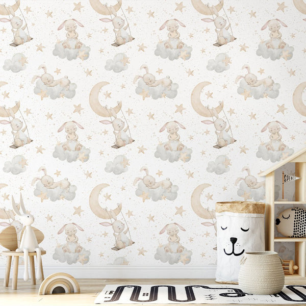 Beige Bunnies on Clouds Wallpaper S107 - CostaCover - Peel and stick Removable Wallpaper - accent wallpaper - adhesive wallpaper - animal print