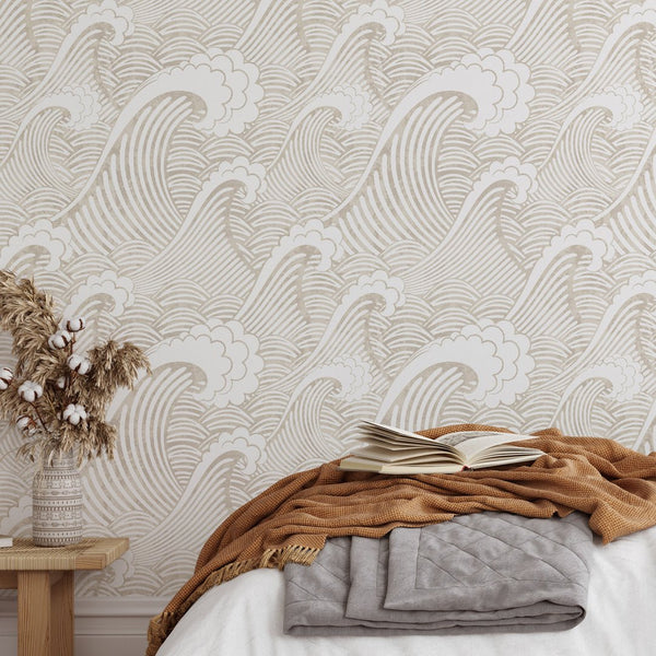Beige Japanese Waves Wallpaper W003 - CostaCover - Peel and stick Removable Wallpaper - adhesive wallpaper - bedroom interior - bedroom wallpaper