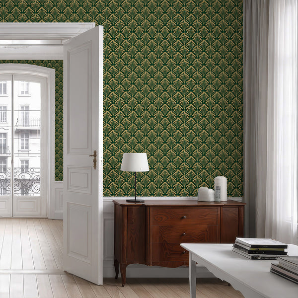 Emerald Green Botanical Art Deco Wallpaper L020