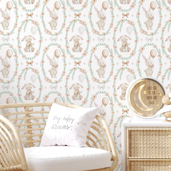 Bunny Flower Wreath Wallpaper S109 - CostaCover - Peel and stick Removable Wallpaper - accent wallpaper - adhesive wallpaper - animal print