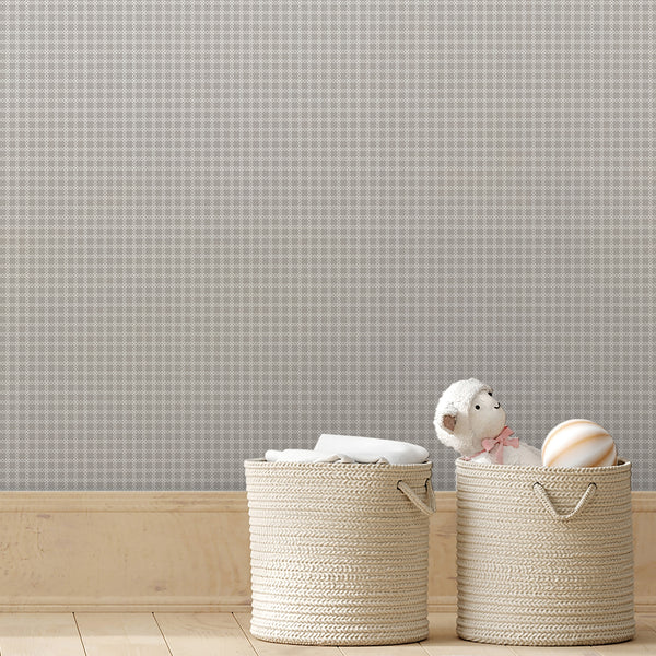 Gray geometric peel and stick wallpaper featuring an elegant white lattice design for a modern bedroom, living room, entryway or home office.