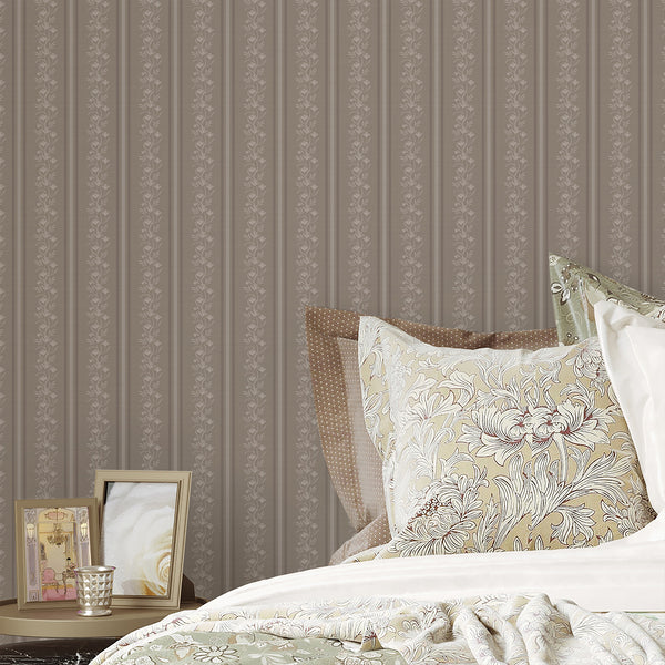 Taupe Beige Floral Stripe Wallpaper L127
