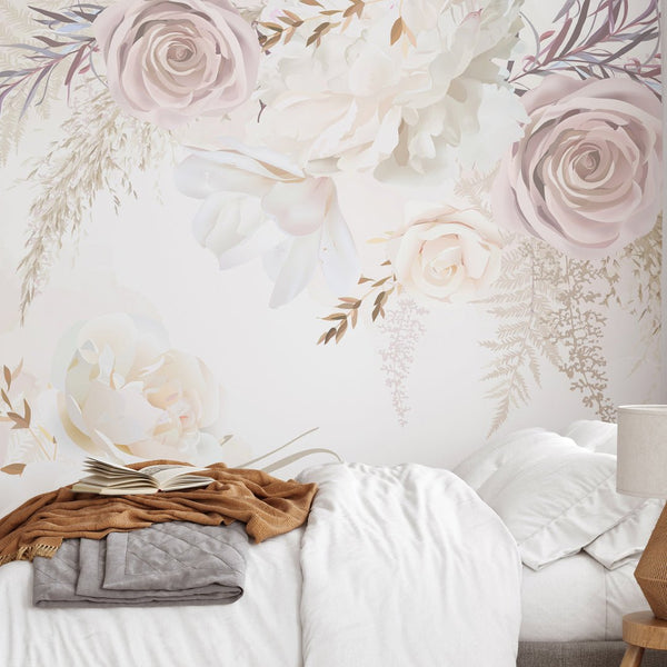 White & Soft Pink Flowers Wall Mural WM007 - CostaCover - Peel and stick Removable Wallpaper - baby bedroom - bedroom interior - bedroom wallpaper