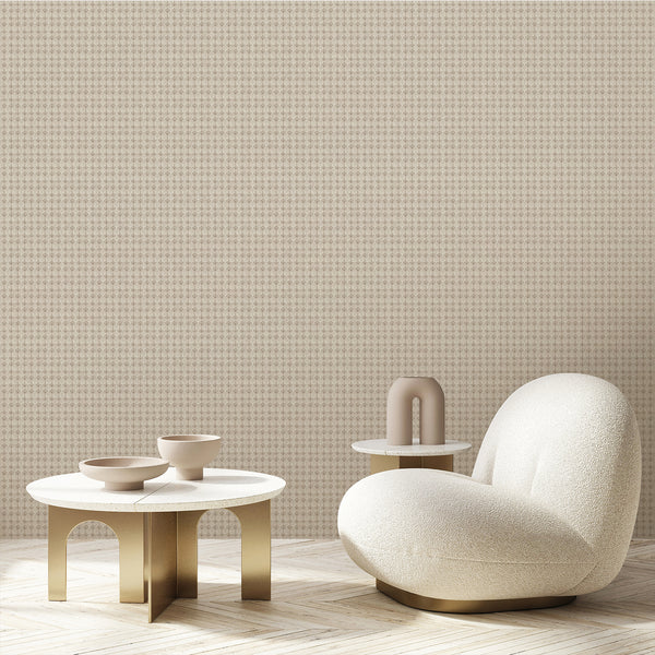 French country damask wallpaper featuring muted taupe floral ornaments, warm beige tones and a distressed aged texture for vintage farmhouse home decor.
