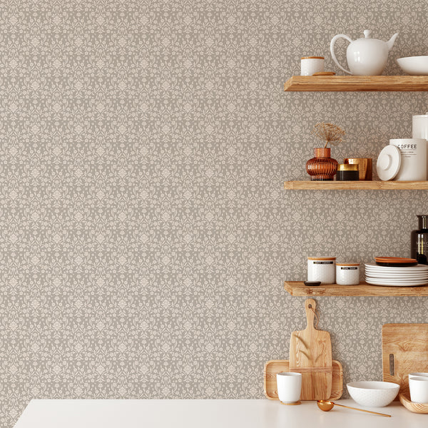 Neutral cottagecore damask wallpaper with oversized ivory flowers, graceful botanical vines and soft beige tones for a cozy living room or bedroom accent wall.