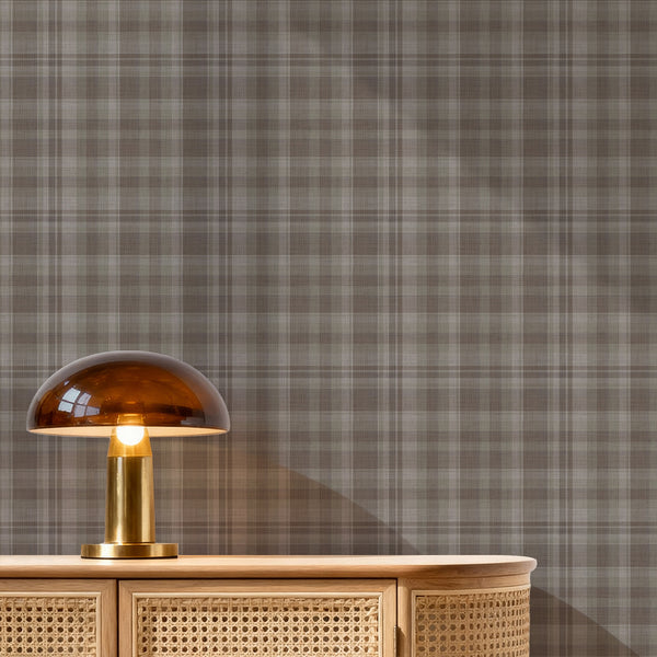 Cottagecore tartan wallpaper in warm brown and soft taupe with a classic check pattern, ideal for charming English country bedrooms and vintage home interiors.