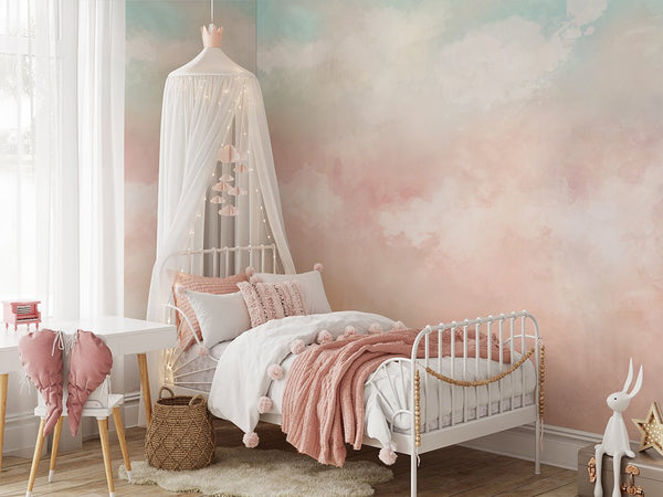 Mint & Pink Sky and Clouds Wall Mural WM089 - CostaCover - Peel and stick Removable Wallpaper - abstract wall art - abstract wallpaper - accent wallpaper