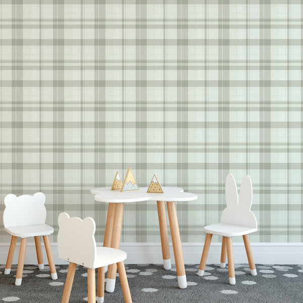 Charming Green Plaid Farmhouse wallpaper with a low-contrast check pattern. Ideal for nurseries and hallways, this pre-pasted wallpaper is easy to apply and offers a calm, rhythmic aesthetic.