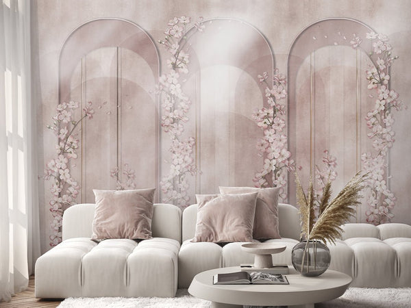 Pink Arches & Sakura Wall Mural CCM151 - CostaCover - Peel and stick Removable Wallpaper - accent wallpaper - adhesive wallpaper - arch