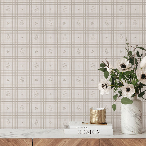 Taupe Greige Plaid Floral Wallpaper L146
