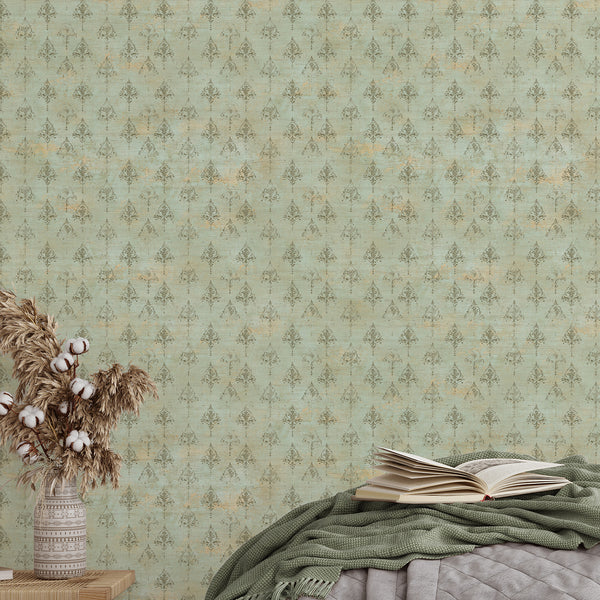 Seafoam green damask wallpaper with distressed antique motifs and an aged textured background, ideal for French country bedroom or living room decor.