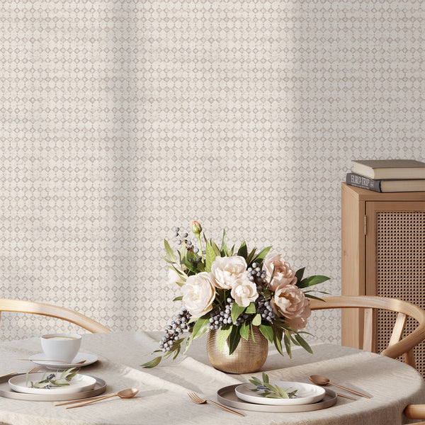 Neutral geometric wallpaper with a dense, rhythmic lattice pattern in taupe and beige on a slightly textured ground. Ideal for modern minimalist living spaces seeking a soft, textured accent.