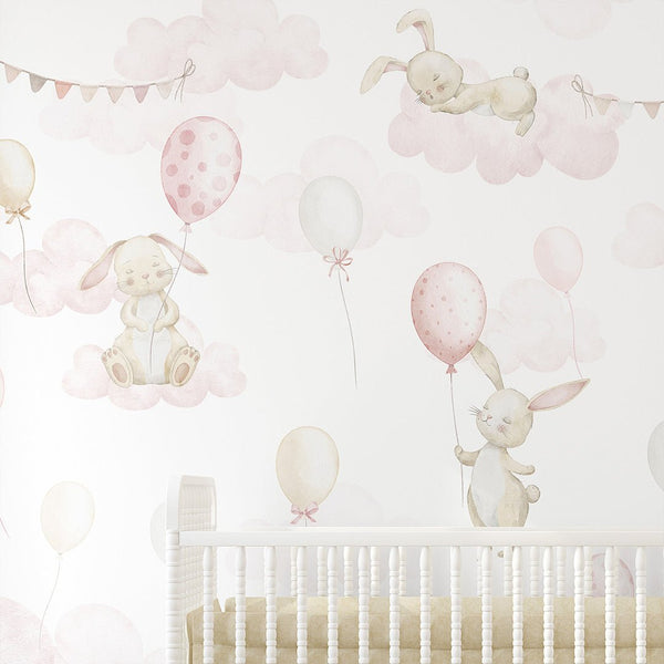 Beige Pink Bunny & Balloons Wall Mural SM079 - CostaCover - Peel and stick Removable Wallpaper - abstract wall art - abstract wallpaper - accent wallpaper