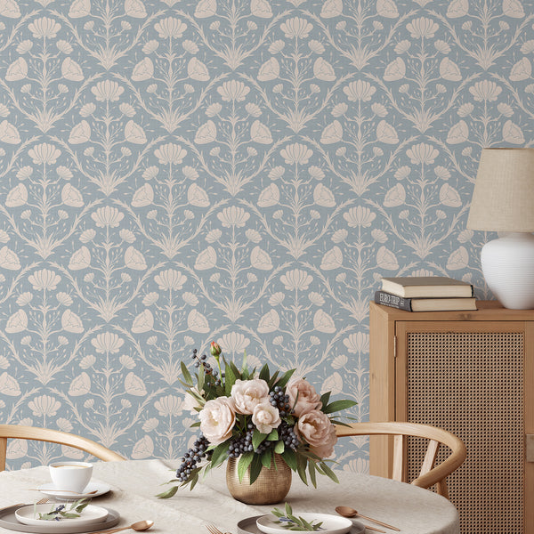 Blue floral wallpaper with fine hatched detailing, suitable for an Arts and Crafts mood in a bedroom. Temporary, high-quality removable material, perfect for decorators.