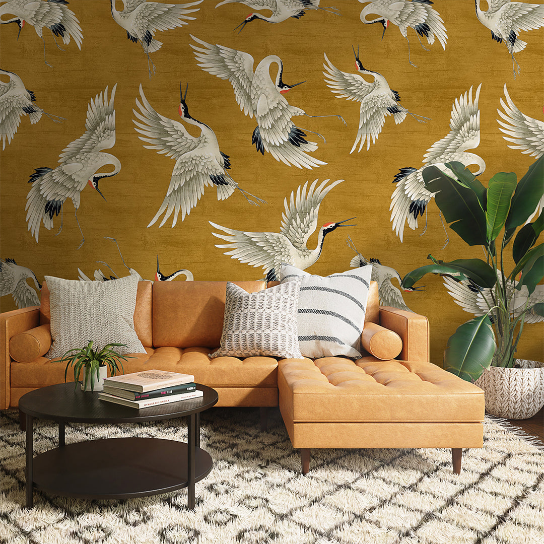 Flying Mustard Japanese Cranes Wall Mural WM113