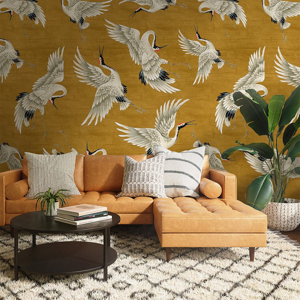 Flying Mustard Japanese Cranes Wall Mural WM113 - CostaCover - Peel and stick Removable Wallpaper - accent wallpaper - adhesive wallpaper - animal texture