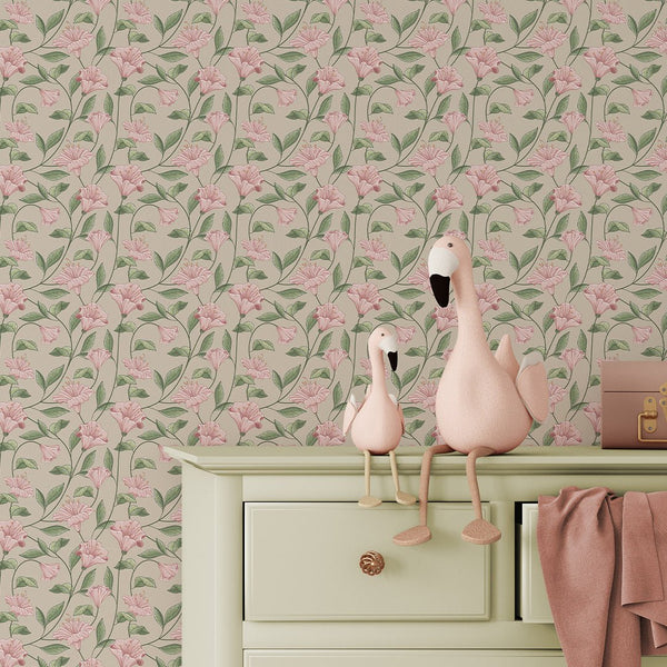 Beige Pink Bellflower Wallpaper W152 - CostaCover - Peel and stick Removable Wallpaper - abstract floral - abstract wall art - abstract wallpaper