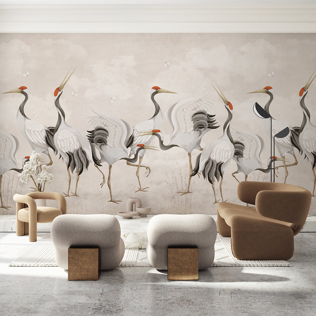 Beige Japanese Cranes Wall Mural WM107