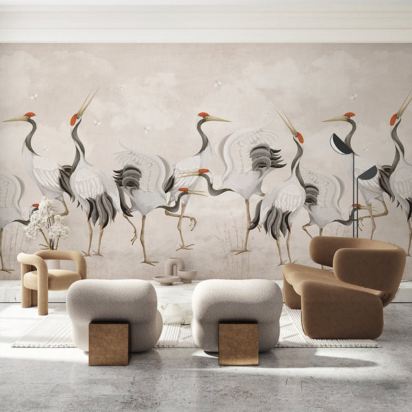 Beige Japanese Cranes Wall Mural WM107 - CostaCover - Peel and stick Removable Wallpaper - accent wallpaper - adhesive wallpaper - bathroom wallpaper