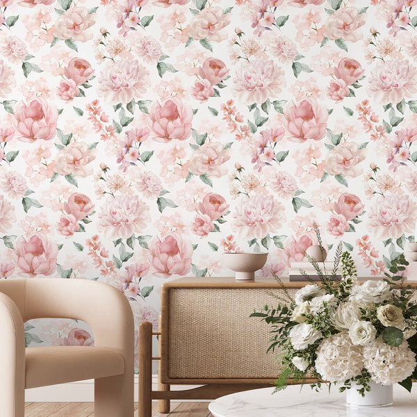 Pink Flowers Bouquet Wallpaper S058 - CostaCover - Peel and stick Removable Wallpaper - accent wallpaper - adhesive wallpaper - bathroom wallpaper