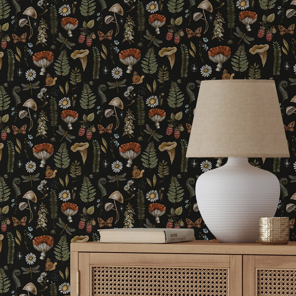 Dark Mushroom & Plants Wallpaper W146 - CostaCover - Peel and stick Removable Wallpaper - abstract floral - abstract wall art - abstract wallpaper