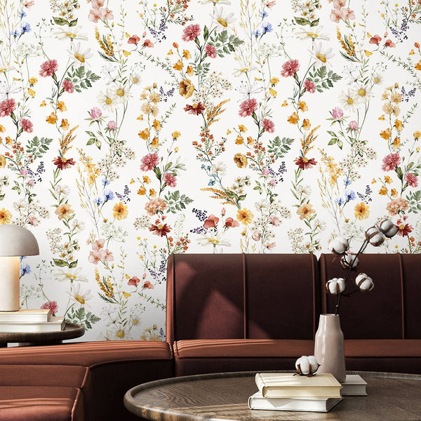 Elegant Red Yellow Wildflowers Wallpaper S074 - CostaCover - Peel and stick Removable Wallpaper - accent wallpaper - adhesive wallpaper - bathroom wallpaper