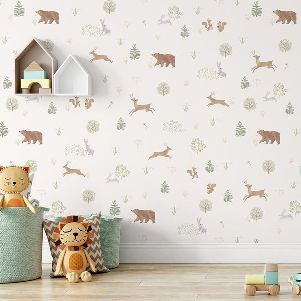 Pastel Forest Animals Wallpaper S046 - CostaCover-Peel and stick Removable Wallpaper-accent wallpaper-adhesive wallpaper-animal print