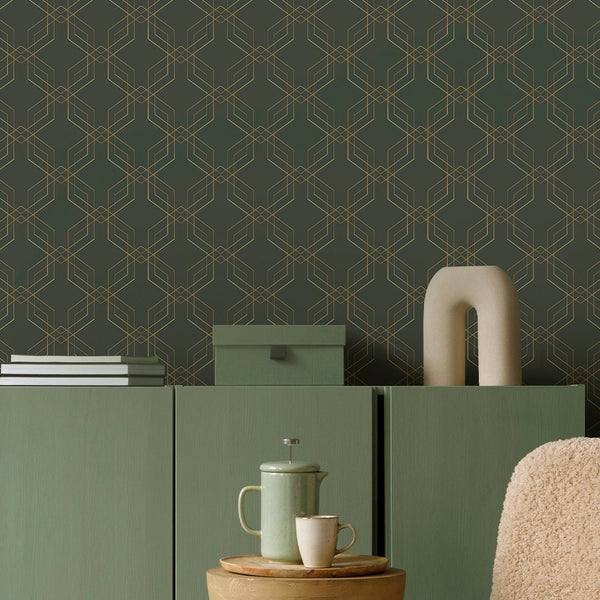 Green Gold Effect Art Deco Wallpaper CC323 - CostaCover - Peel and stick Removable Wallpaper - abstract wallpaper - accent wallpaper - adhesive wallpaper