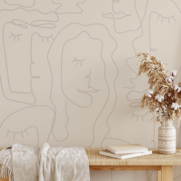 Beige Abstract Female Face Wallpaper CC307 - CostaCover - Peel and stick Removable Wallpaper - Abstract - abstract lines - abstract mural