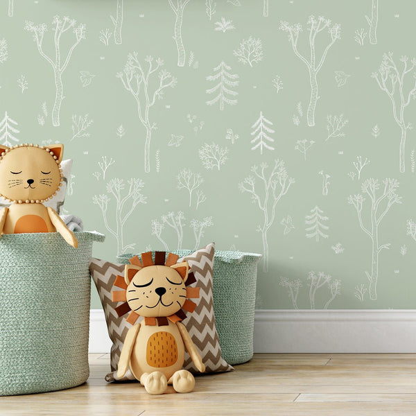 Green White Tree Forest Wallpaper S048 - CostaCover - Peel and stick Removable Wallpaper - abstract forest - abstract wall art - abstract wallpaper