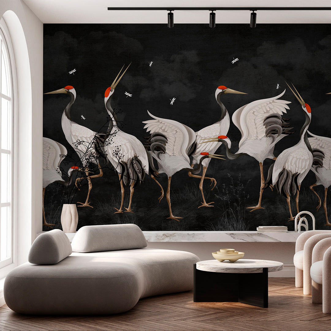 Black Japanese Cranes Wall Mural WM109