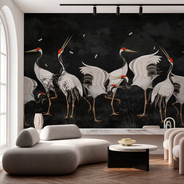 Black Japanese Cranes Wall Mural WM109 - CostaCover - Peel and stick Removable Wallpaper - accent wallpaper - adhesive wallpaper - animal print