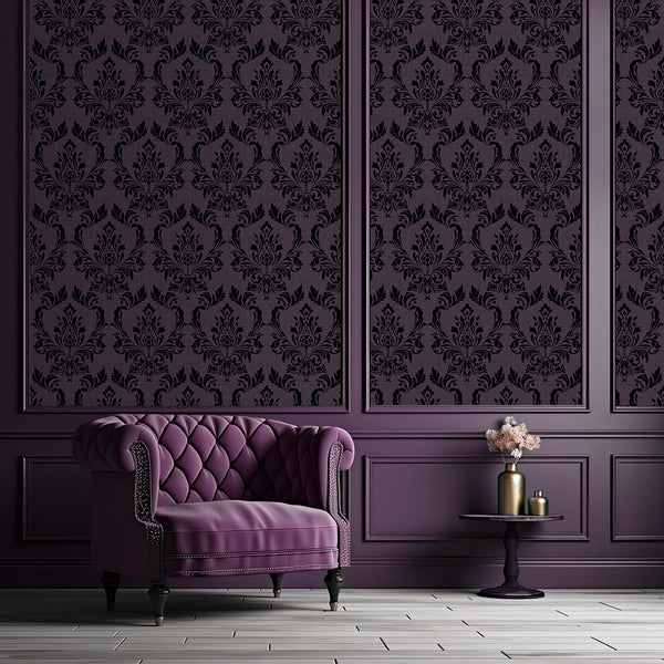 Detailed view of Purple Damask wallpaper with symmetrical black motifs over a subtle woven purple ground. This statement wall mural suits entryways or living rooms where dramatic decor is desired. Easy to apply and reposition, it's a great choice for decorators looking for a bold, classic touch in interior design, crafted from eco-friendly materials.