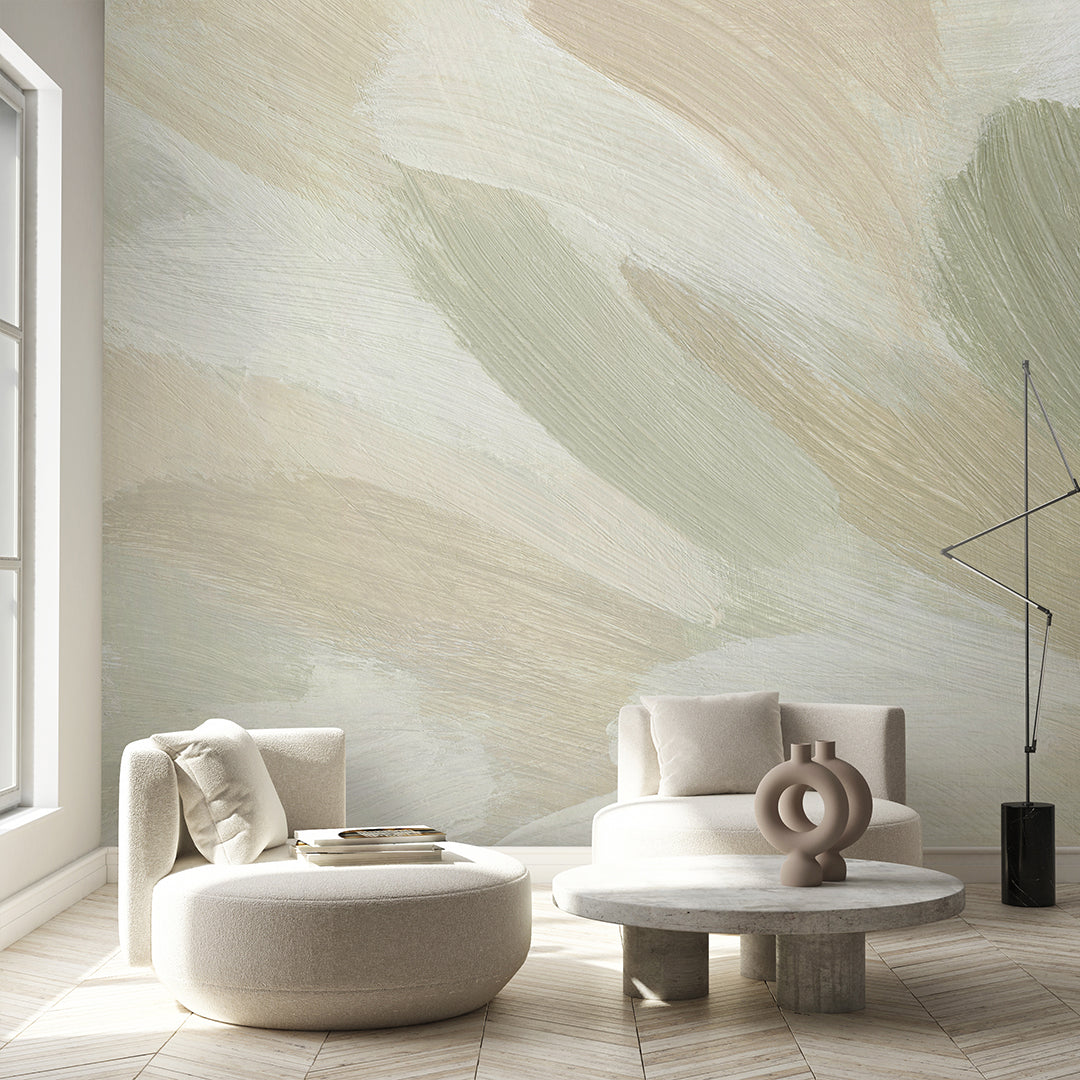 Beige Green Brush Strokes Wall Mural CCM188