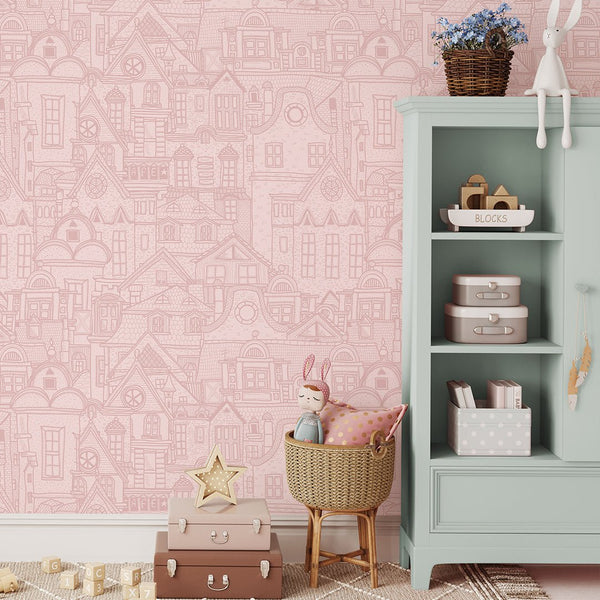 Pink City Houses Wallpaper CC313 - CostaCover - Peel and stick Removable Wallpaper - Abstract - abstract wallpaper - accent wallpaper