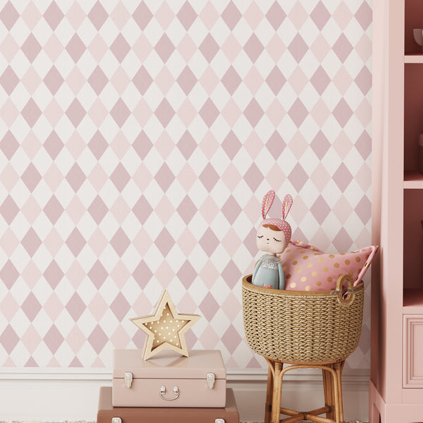 Pink diamond lattice wallpaper with a light, airy pattern. Adds subtle texture to bedrooms or hallways. Temporary design solution with high-quality removable material.